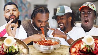 British Rappers Try Korean Spicy Cold Noodles!