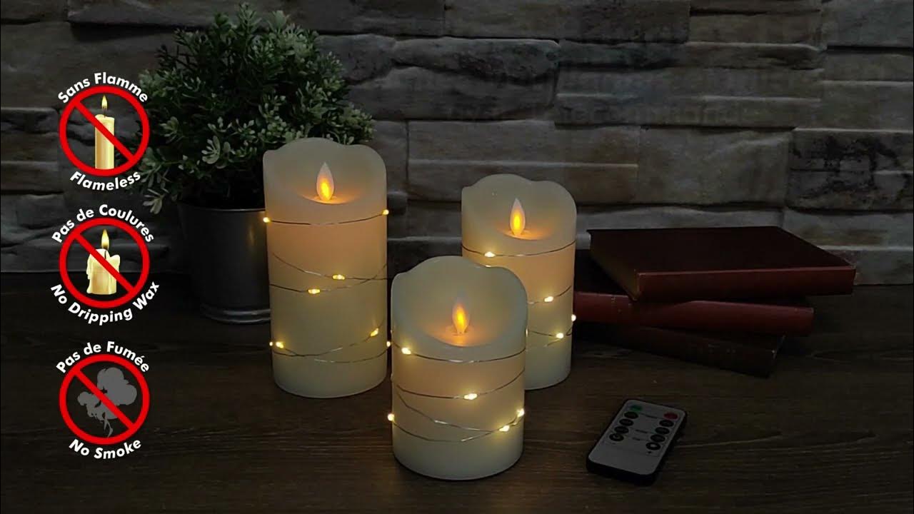 Lot de 3 bougies LED Flamme Vacillante blanc chaud + MicroLED avec  Télécommande 
