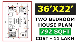 36x22 House Plan ll 792 Sq.Ft 2 Bedroom Small House Plan Design ll 36x22 Home Plan ll