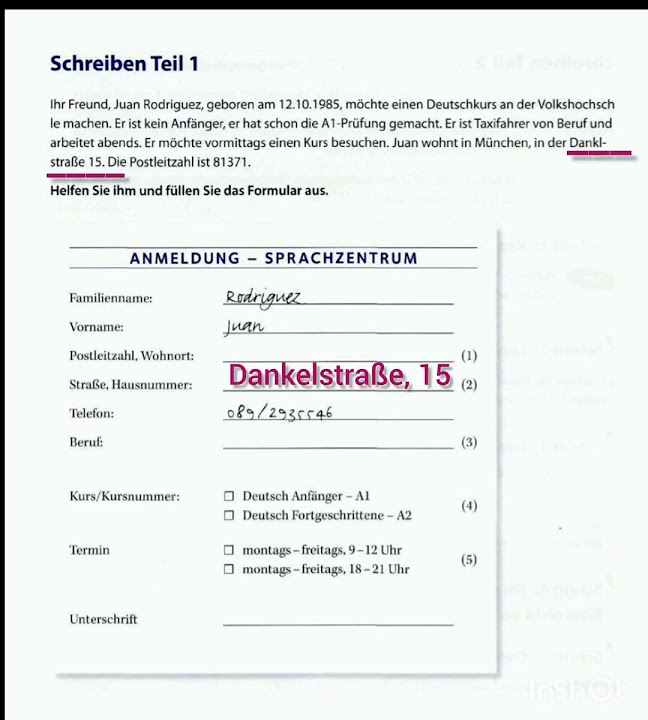 A1 schreiben teil 1 Goethe institut Prüfung Formular ausfüllen. form A1 ...