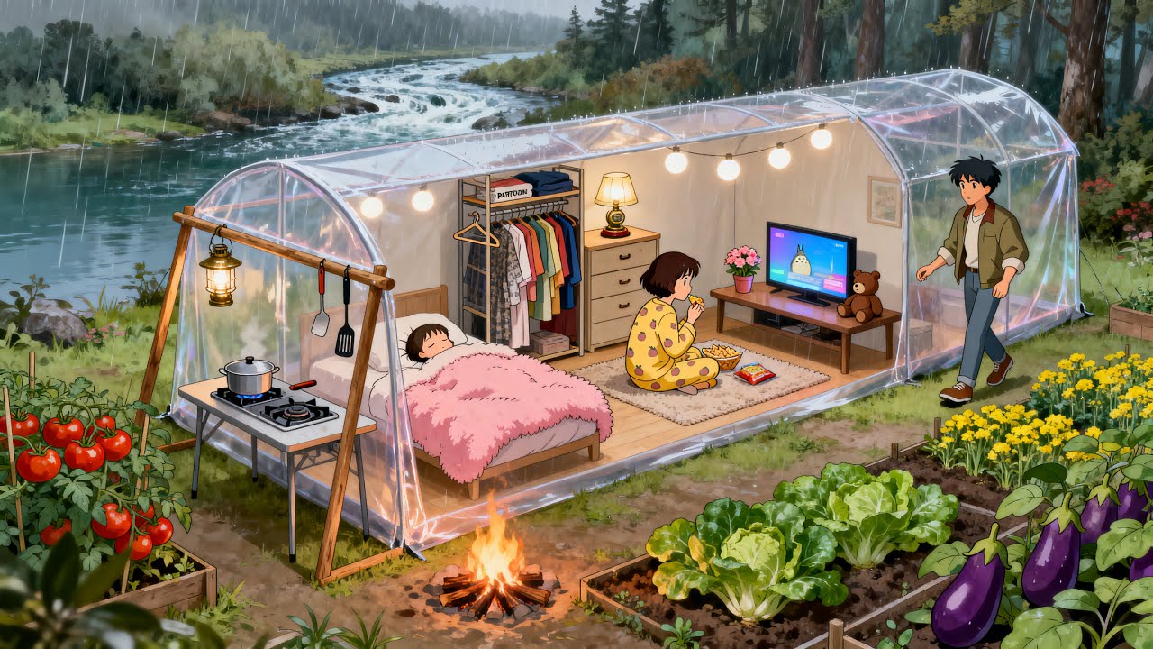 Camping near the river in the forest with a transparent tent during the rain⛈⛺️ GHIBLI STYLE