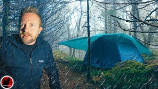 ⛈️ Tarp & Tent Camping With a Rock Wall Shield - Heavy Rain and Storms Adventure