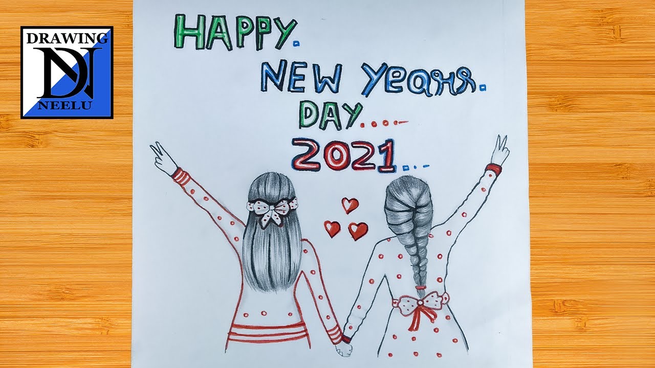 Girl drawing happy new year 2021 || drawing of girl || easy ...