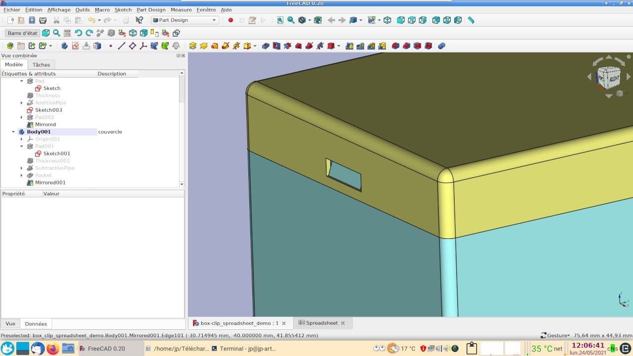 FreeCAD 0.20 : Boîte modifiable avec couvercle clipsé - version avec feuille de calcul (Spreadsheet)
