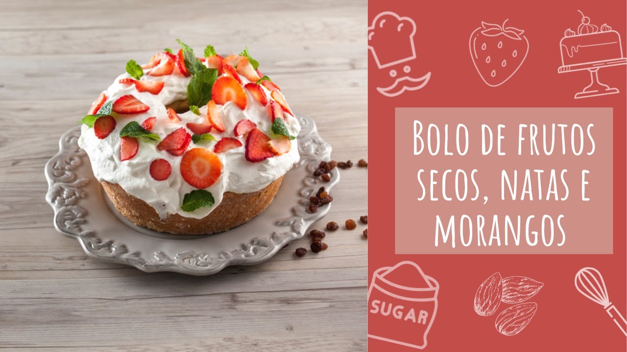 Bolo de frutos secos, natas e morangos (receita