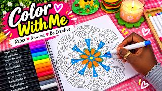 Satisfying Mandala Coloring with Acrylic Markers | ASMR | Color With me Ep 1| Relaxing Cozy Coloring