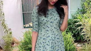 Floral printed pastel green soft cotton Aline dress/Kurti with pocket screenshot 4