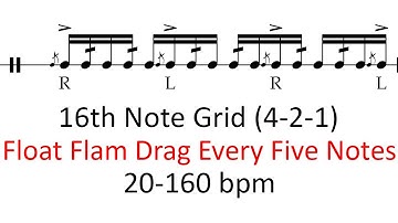Float flam drag every five notes | 20-160 bpm 16th note grid sheet music