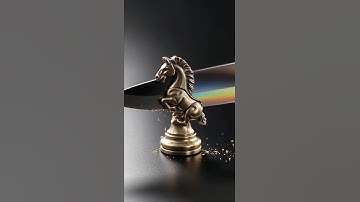 Iridescent titanium shaped like a chess knight gets cleanly sliced