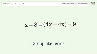 Linear equation with one unknown: Solve 5x-8=4x-9 step-by-step solution
