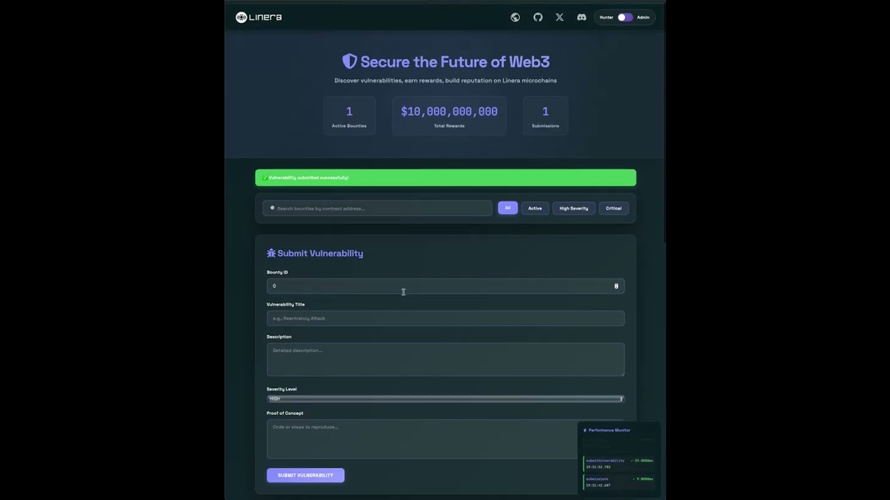 Linera Security Bounty Platform - Real-Time Bug Bounties on Microchains | Workflow Demo