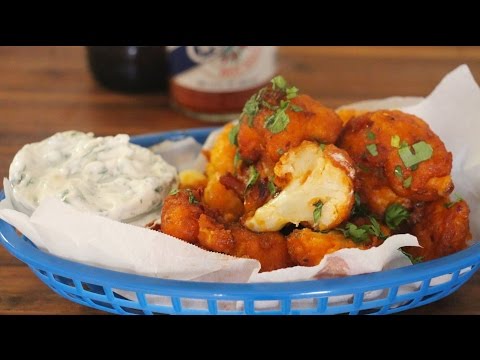 Beer Batter Buffalo Cauliflower w/ Mint-Cilantro Sauce - Kena Peay