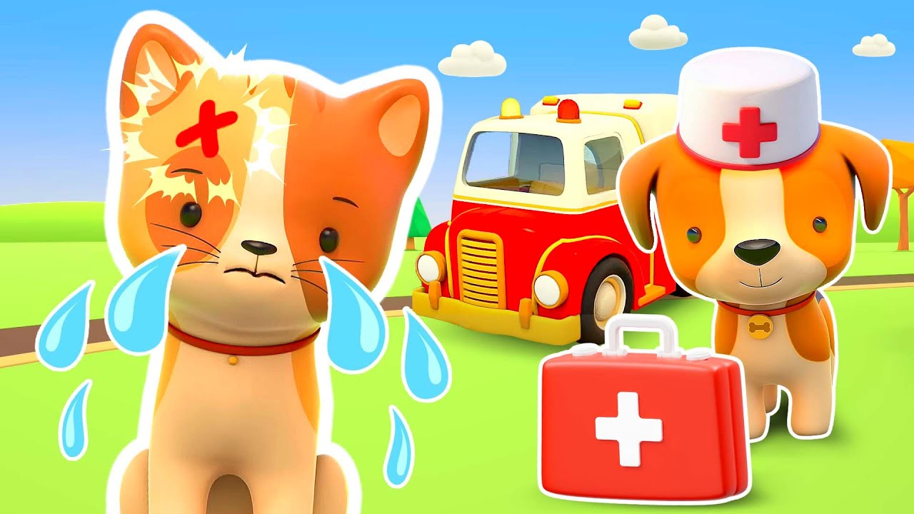 The ambulance is rushing for help! The puppy and a kitten are coming home by taxi.