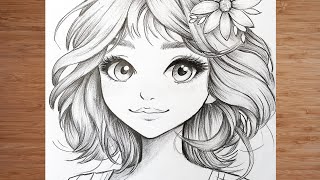 Anime Girl Drawing with Beautiful Eyes & Floral Hair screenshot 4