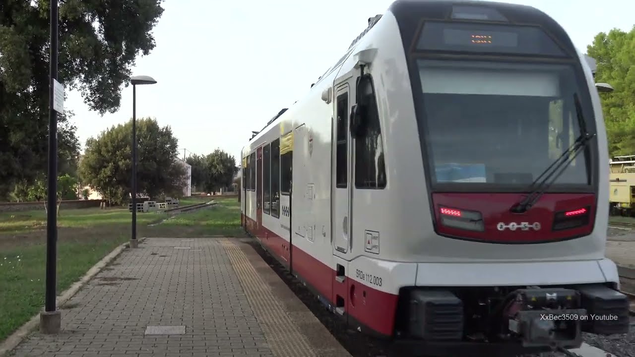 SARDINIA BRAND NEW TRAIN AT MANDAS STATION MODERN NARROW GAUGE SARDINIAN RAILWAYS.