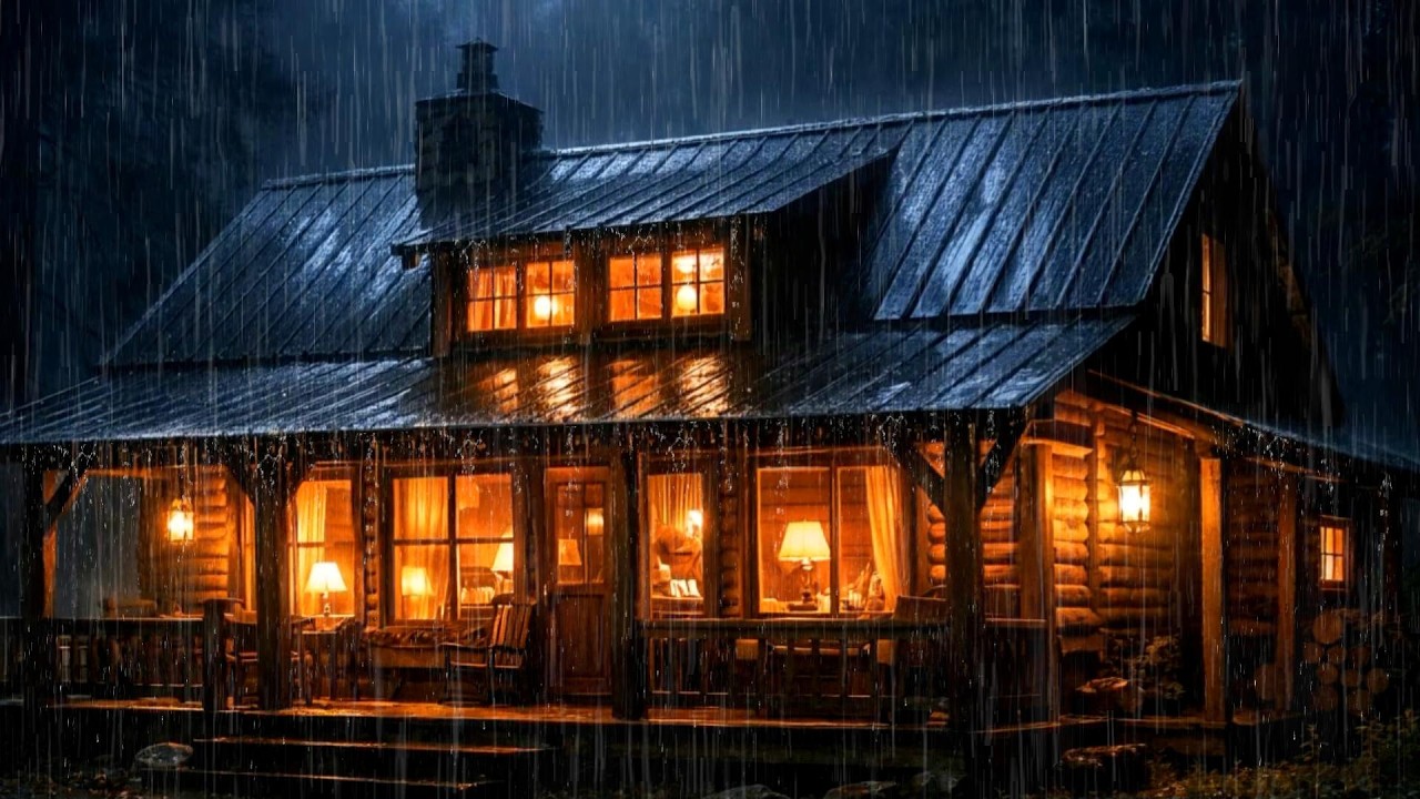 Cozy Cabin in Heavy Rain at Night 🌧️ | Warm Fireplace Ambience | Deep ...