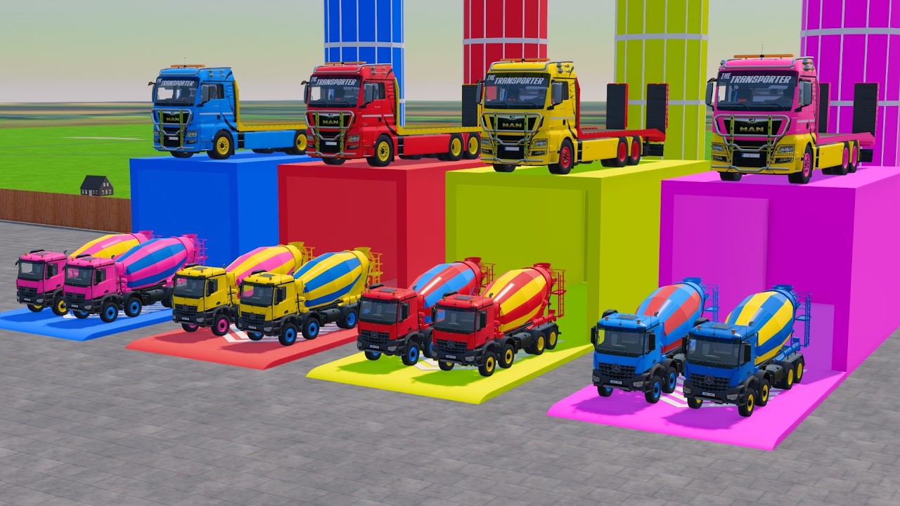 Transporting Colorful Mixer Truck With Man Flatbed Truck | FS22