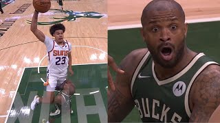 Cam Johnson with a CRAZY dunk on PJ Tucker & gets the AND-1! 😮 Suns vs Bucks Game 3
