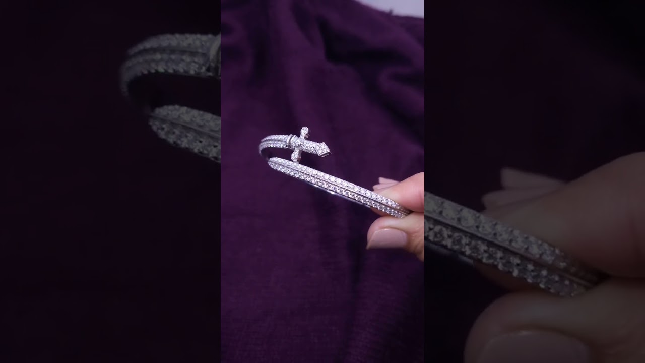 Lab Grown Diamond Sword Bangle Bracelet, Unique Open Cuff Design in 14K White Gold