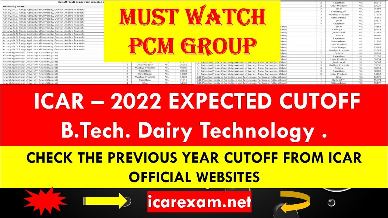 B. Tech Dairy Technology Expected cutoff  ICAR-2022 | University wise.