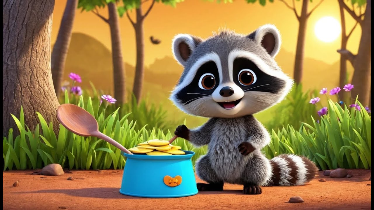 Детеныш енота ищет сокровища из блинов