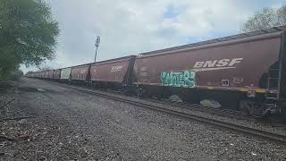 Meet! BNSF grainer with rear DPU! Chesterton Indiana on 4-12-24