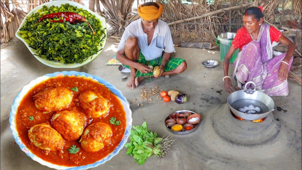 Santal Grandmother’s Lunch: Masala Egg Curry and Shak Vaji Cooking Santal Grandmother’s Lunch: Masala Egg Curry and Shak Vaji Cooking