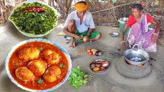 MASALA EGG CURRY & SHAK VAJI cooking for lunch by santali tribe grandmaa
