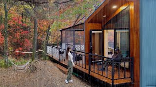 Camping at Tiny House cabin with Woodstove in the Rain . ASMR