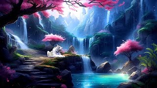 Serene Mountain Waterfalls and Lake with a White Tiger: Relaxing Ambient Music for Stress Relief
