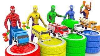 Color for Children with Spidermen Drop Street Vehicles into Tires of Color Water