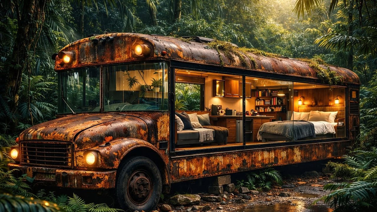 I Built a Secret Bus Home in the Jungle - Heavy Rain ASMR