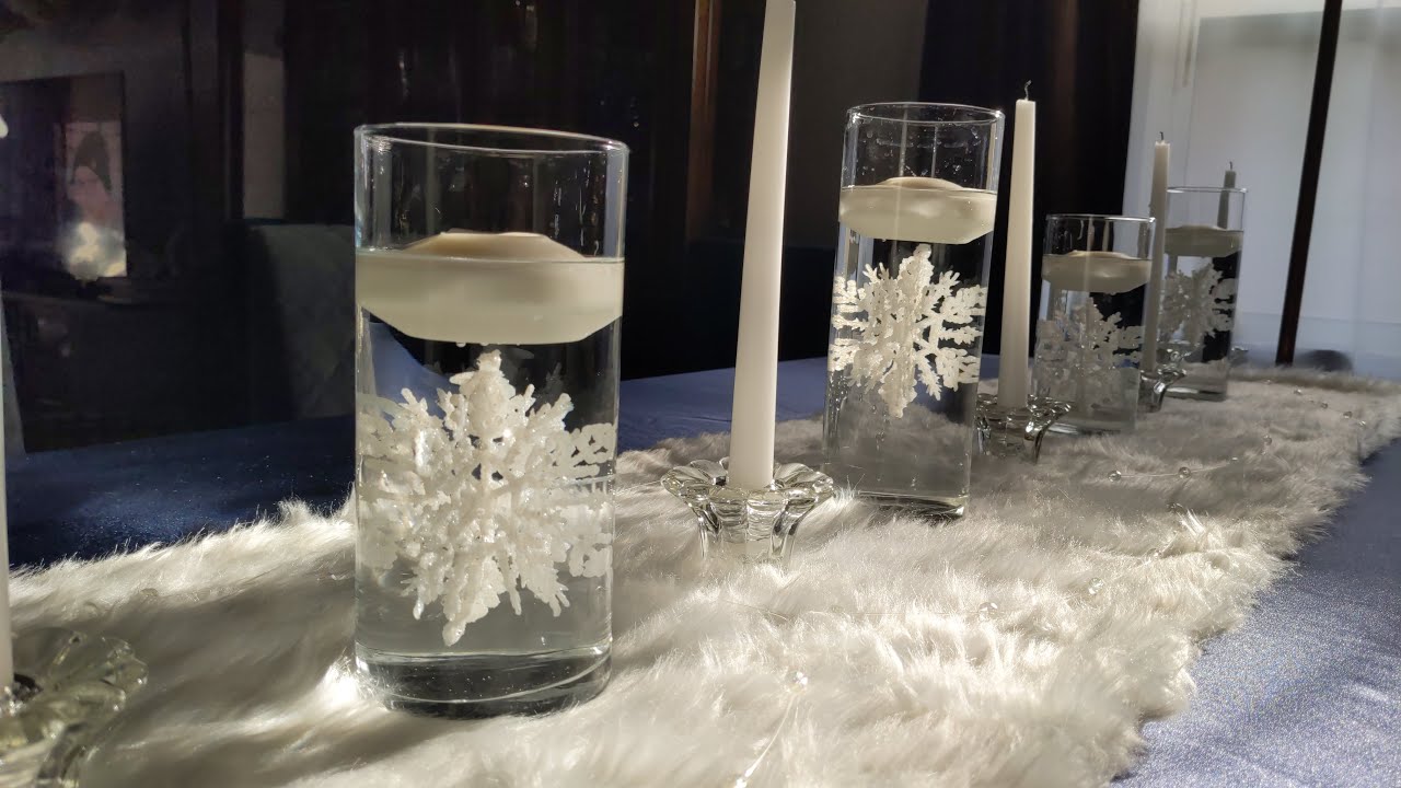 Easy Floating Snowflake Table Centerpiece with Navy Blue Table