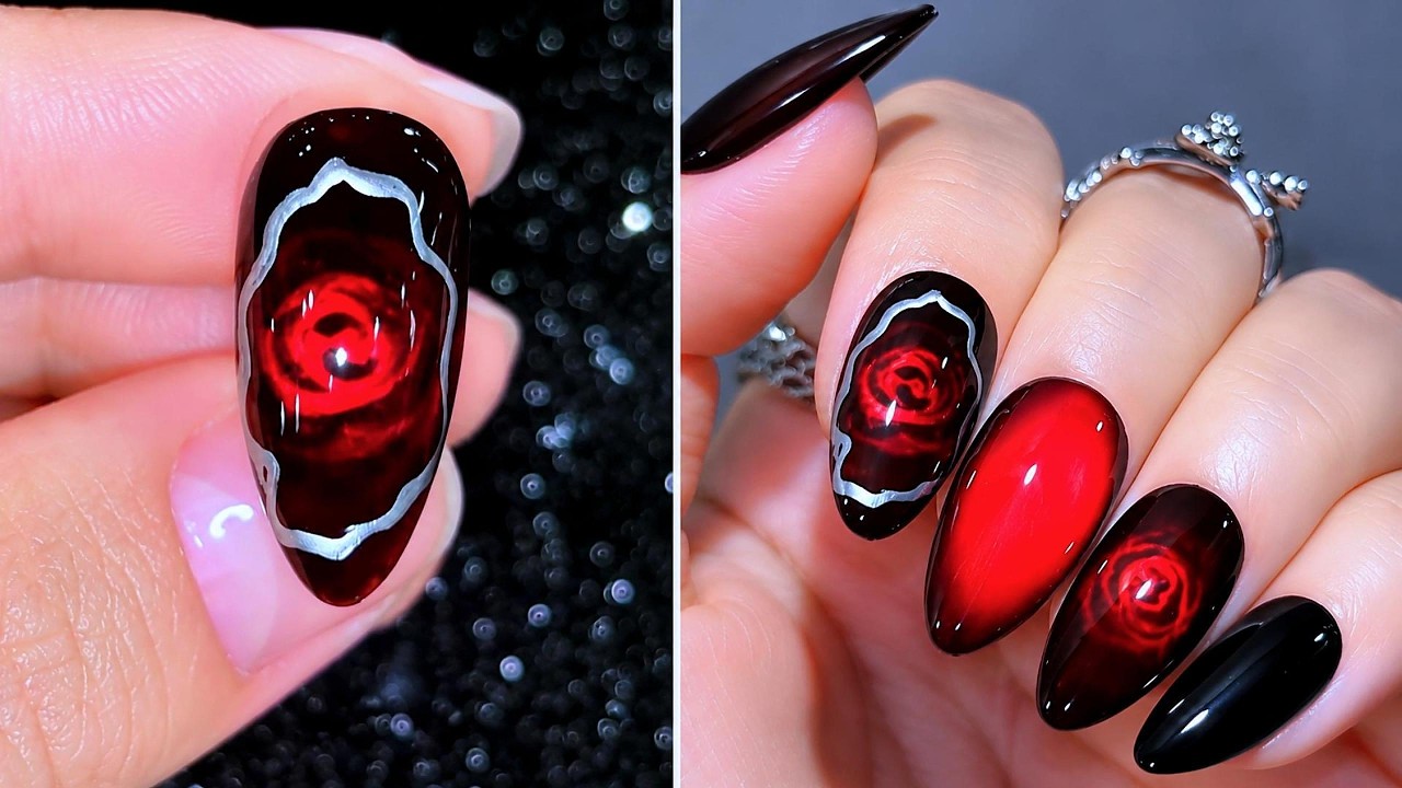 Dark Red Rose Nails 🌹🖤 Elegant Gothic Nail Art That Looks Mysterious & Luxurious ✨💅