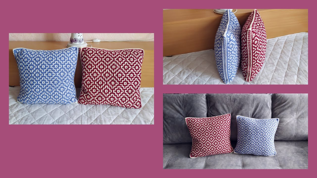 Чехол на подушку в технике «Мозаика» крючком.Подробный МК.