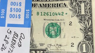 $1 One Dollar Bills Search, Star notes fancy serial numbers looking through $100 pack