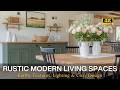 Sage Green & Cinnamon Accents: Rustic Modern Living Space with Warm Ambient Lighting