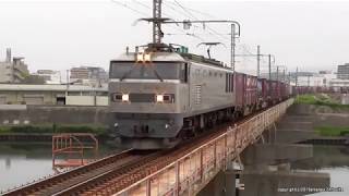 JR貨物　EF510 509号機が牽引する2本の貨物列車を城東貨物線神崎川橋梁で撮影（H31.4.21)