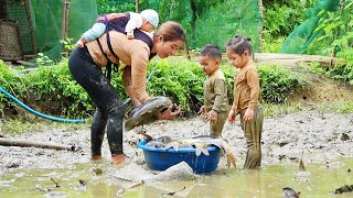 POOR SINGLE MOTHER teaches her 3 KIDS how to catch fish by hand -morning to night.HeartTouchingStory