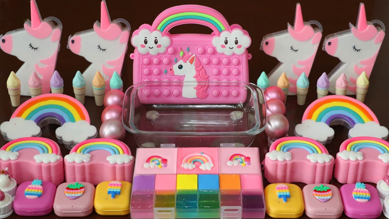 Mixing”Pink Rainbow” Eyeshadow and Makeup,parts,glitter Into Slime!Satisfying Slime Video!★ASMR★