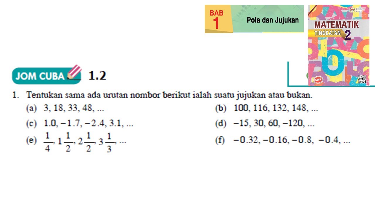 KSSM Matematik Tingkatan 2 Bab 1 pola dan jujukan jom cuba 1.2 no1 buku