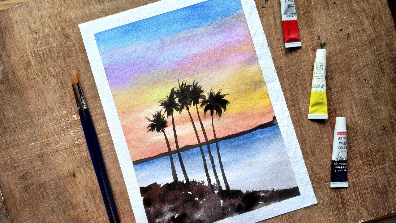 watercolor painting: Sunset Palm tree - YouTube