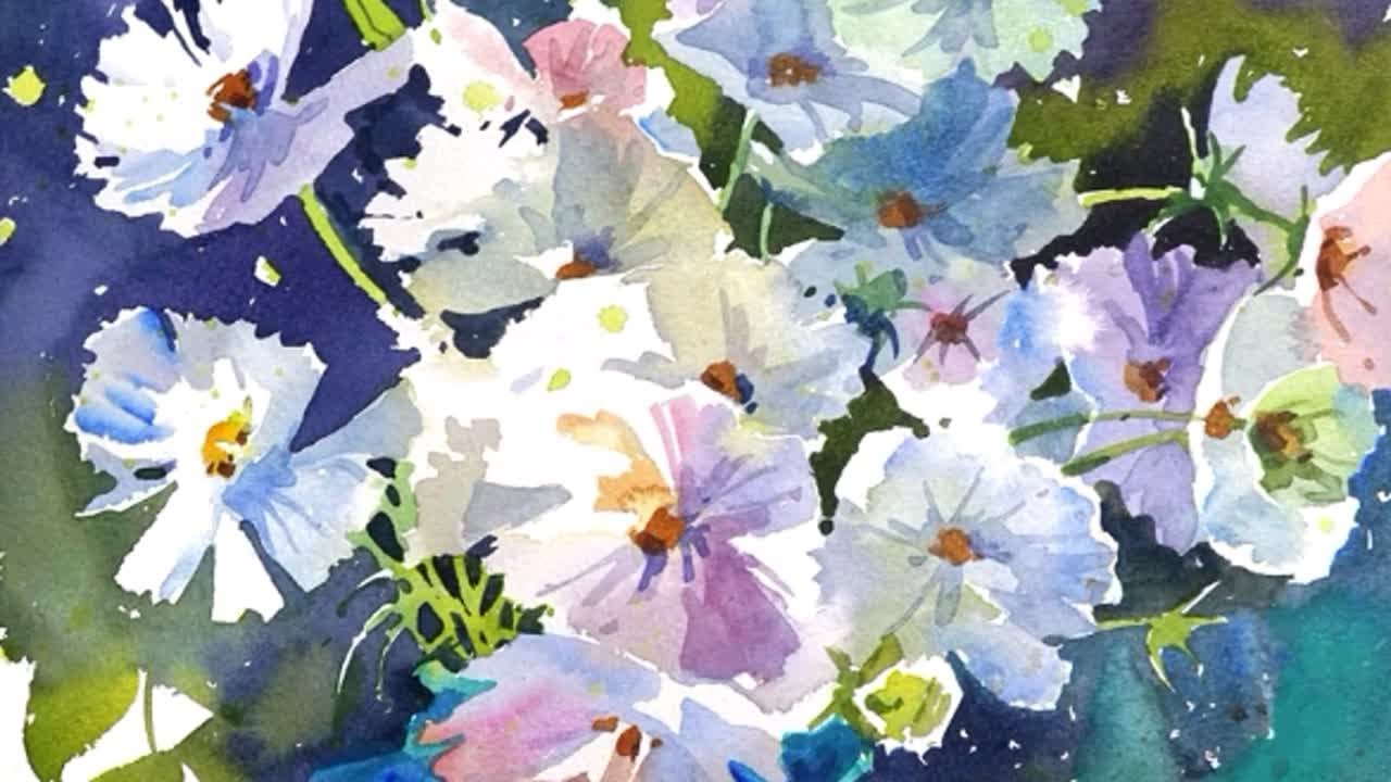 水彩画(花)№207 水彩】NO.207《波斯菊》脱稿水彩花卉视频- YouTube