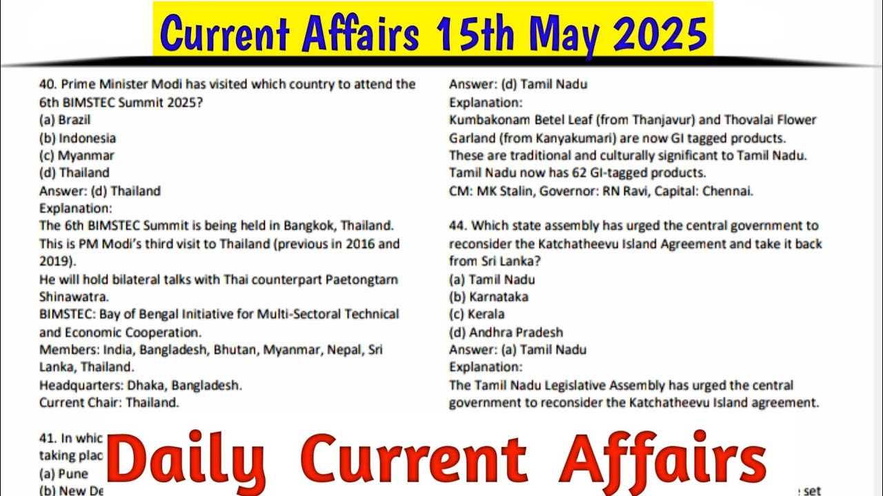 Current Affairs 15th May 2025 || Daily Current Affairs || For All ...