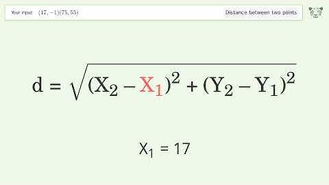 Find the distance between two points p1 (17,-1) and p2 (75,55): Step-by-Step Video Solution