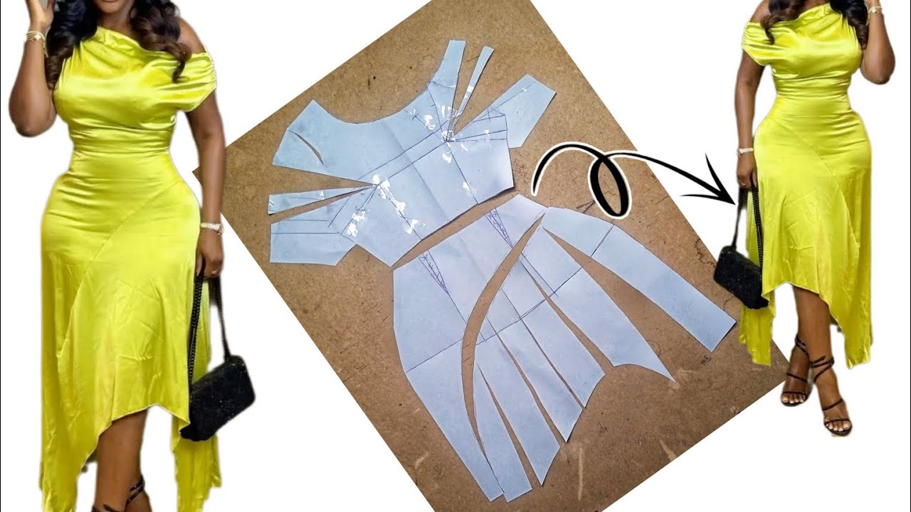 how to Draft/ cut an Assymetric cut together dress with Assymetric ...