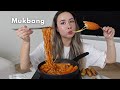 Spicy noodles with big rice cakes and cheesy corndog mukbang