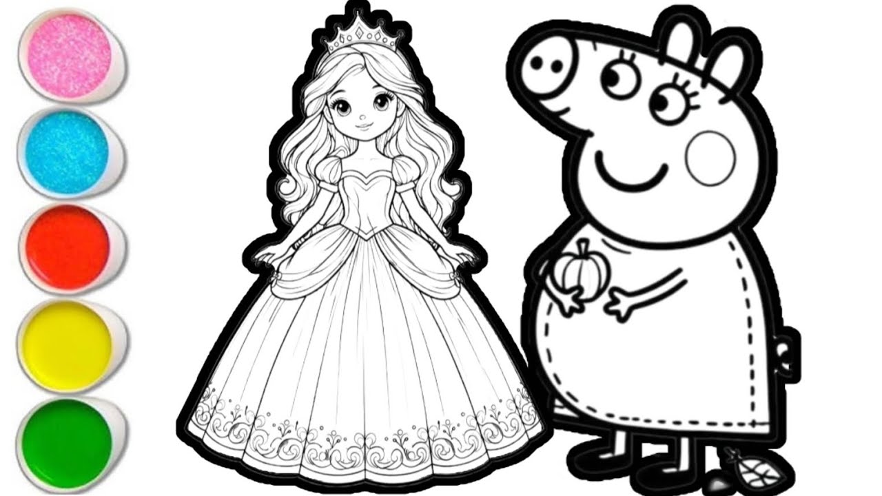Drawing Princess Papi Peppa pig with princess drawing and coloring for kids and toddlers ...