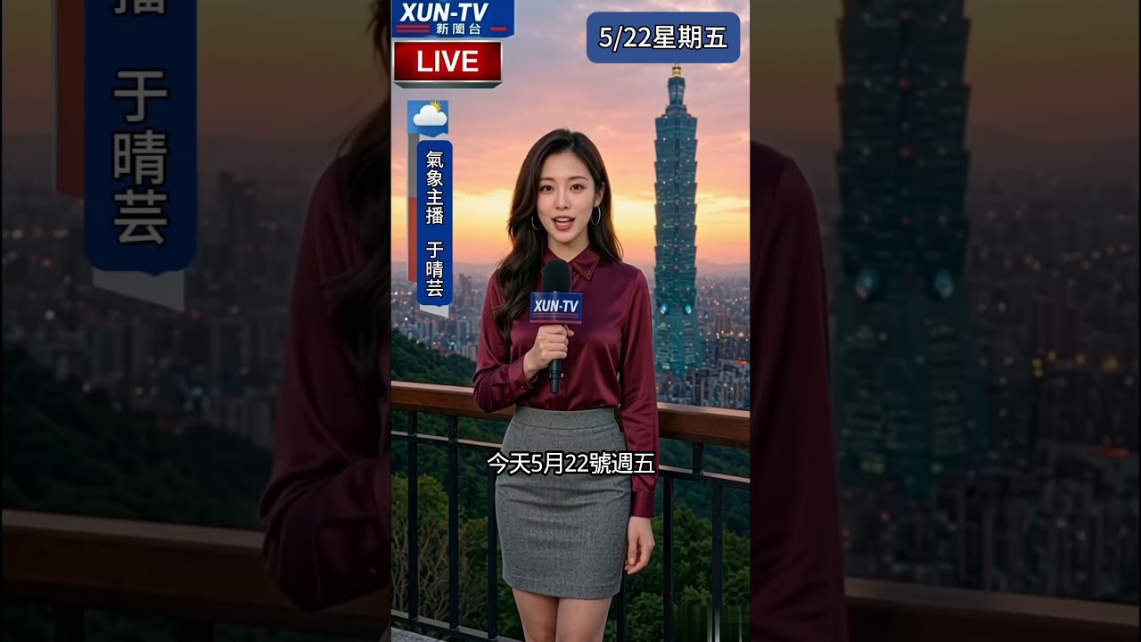 早安！今天 5 月 22 號週五，鋒面通過，全台天氣不穩定。北部、東北部和中部山區有局部大雨或雷陣雨。北部高溫 28 到 32 度，南部炎熱約 33 度以上。提醒大家注意防曬補水，也要留意午後強降雨！