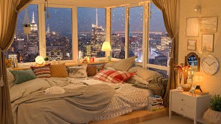 Soft Jazz Music in Cozy Winter Ambience  Warm Bedroom with Snow Falling by Window for Relax, Sleep
